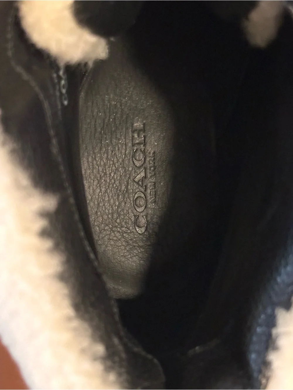 Coach Black Wedge Ankle Boots with Cream Shearling Trim